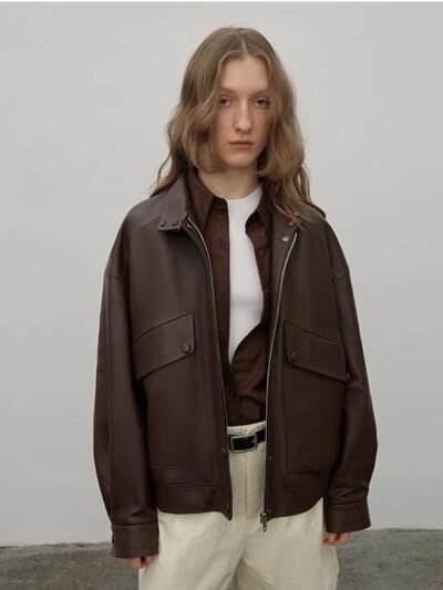 "Loveless Muse" Brown Retro Genuine Leather Jacket Women's Motorcycle Sheep Leather Jacket Short