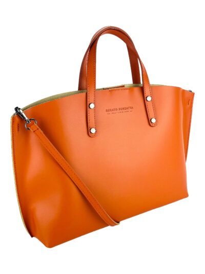 RB1024AM | Women's Made in Italy Genuine Leather Hand Bag with removable shoulder strap. Large removable internal bag. Polished Gunmetal Accessories - Paprika color - Dimensions: cm 48x31x11
