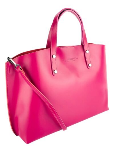 RB1024BE | Women's Genuine Leather Hand Bag Made in Italy with removable shoulder strap. Large removable internal bag. Polished Gunmetal Accessories - Color Fuxia - Dimensions: cm 48x31x11