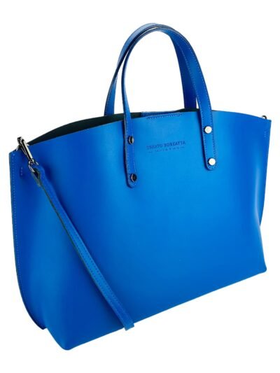 RB1024CH | Women's Hand Bag in Genuine Leather Made in Italy with removable shoulder strap. Large removable internal bag. Shiny Gunmetal Accessories - Royal Blue color - Dimensions: cm 48x31x11