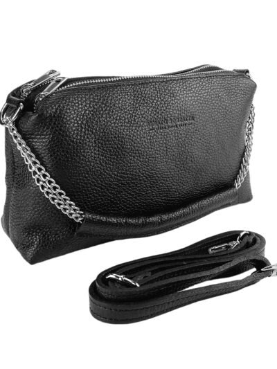 RB1025A | Women's Hand Bag with double zipper in Genuine Leather Made in Italy. Adjustable leather shoulder strap. Shiny Nickel hardware - Black color - Dimensions: cm 26 x 14 x 9