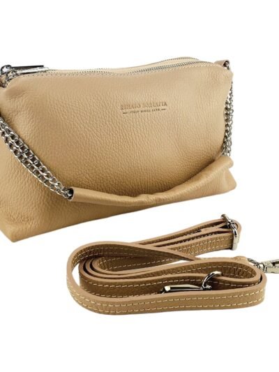 RB1025AU | Women's Hand Bag with double zipper in Genuine Leather Made in Italy. Adjustable leather shoulder strap. Shiny Nickel hardware - Powder color - Dimensions: 26 x 14 x 9 cm.