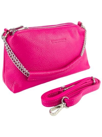RB1025BE | Women's Hand Bag with double zipper in Genuine Leather Made in Italy. Adjustable leather shoulder strap. Shiny Nickel hardware - Fuxia color - Dimensions: cm 26 x 14 x 9