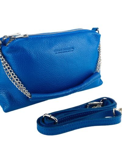 RB1025CH | Women's Hand Bag with double zipper in Genuine Leather Made in Italy. Adjustable leather shoulder strap. Shiny Nickel hardware - Royal Blue color - Dimensions: 26 x 14 x 9 cm.