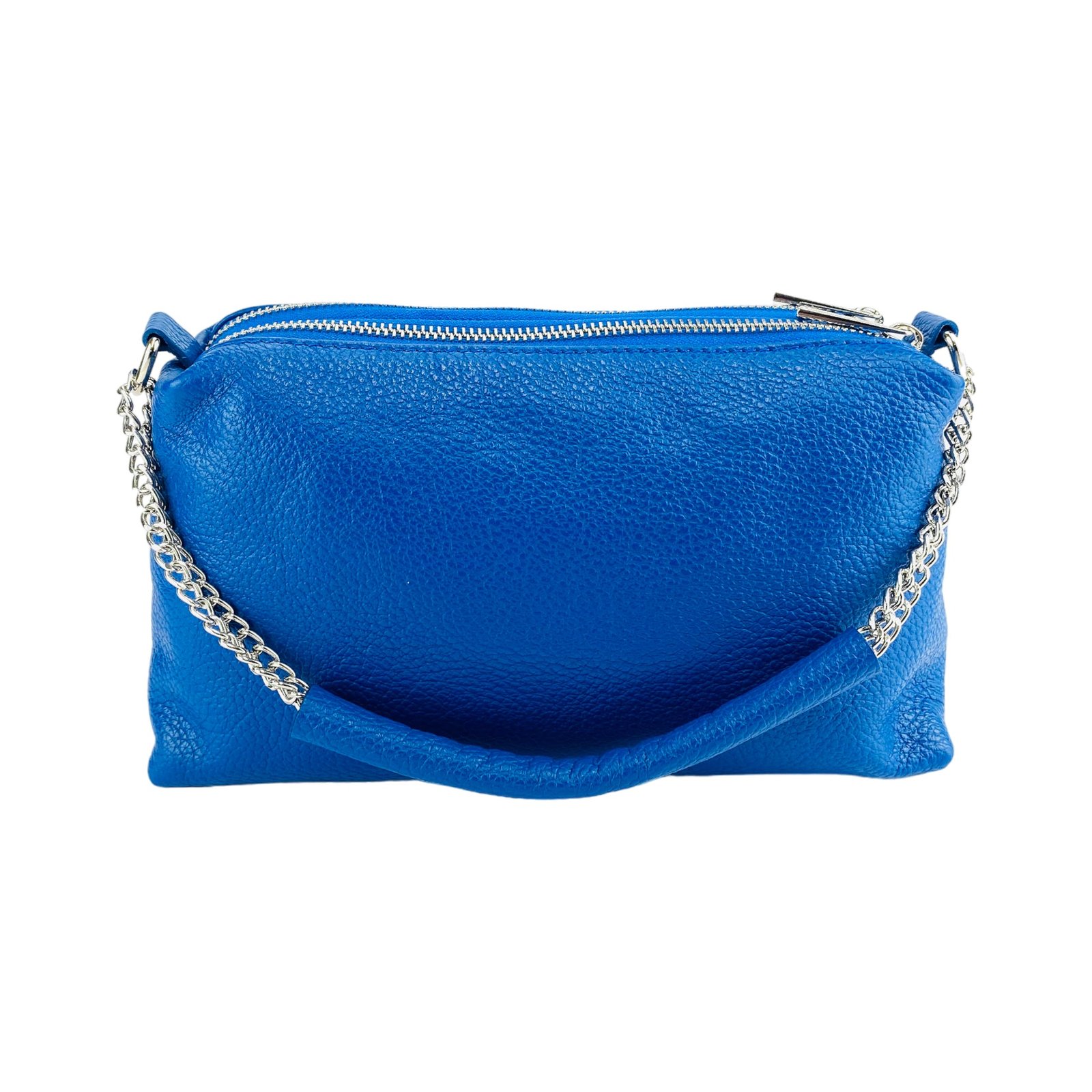 RB1025CH | Women's Hand Bag with double zipper in Genuine Leather Made in Italy. Adjustable leather shoulder strap. Shiny Nickel hardware - Royal Blue color - Dimensions: 26 x 14 x 9 cm. - Image 5