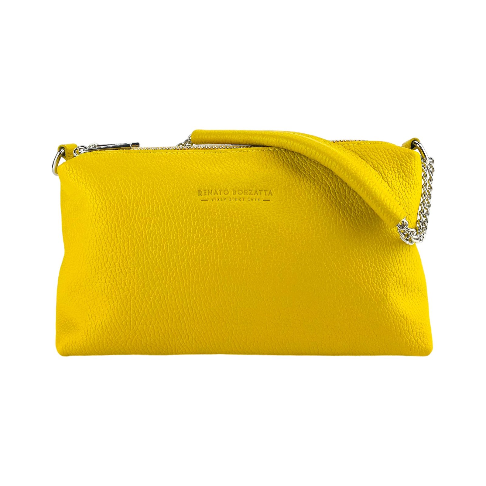 RB1025R | Women's Hand Bag with double zipper in Genuine Leather Made in Italy. Adjustable leather shoulder strap. Polished Nickel hardware - Yellow color - Dimensions: 26 x 14 x 9 cm. - Image 4