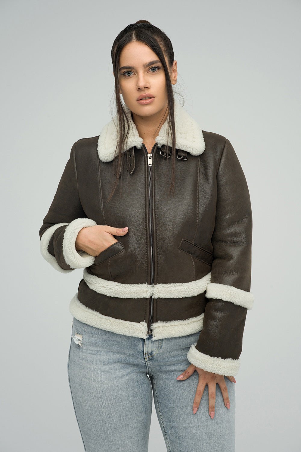 Brown Merino Shearling Leather Jacket - Image 10
