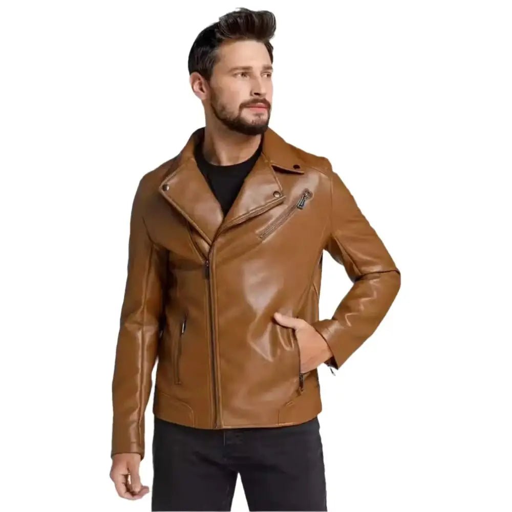 Men’s Brown Leather Motorcycle Jacket - Image 5