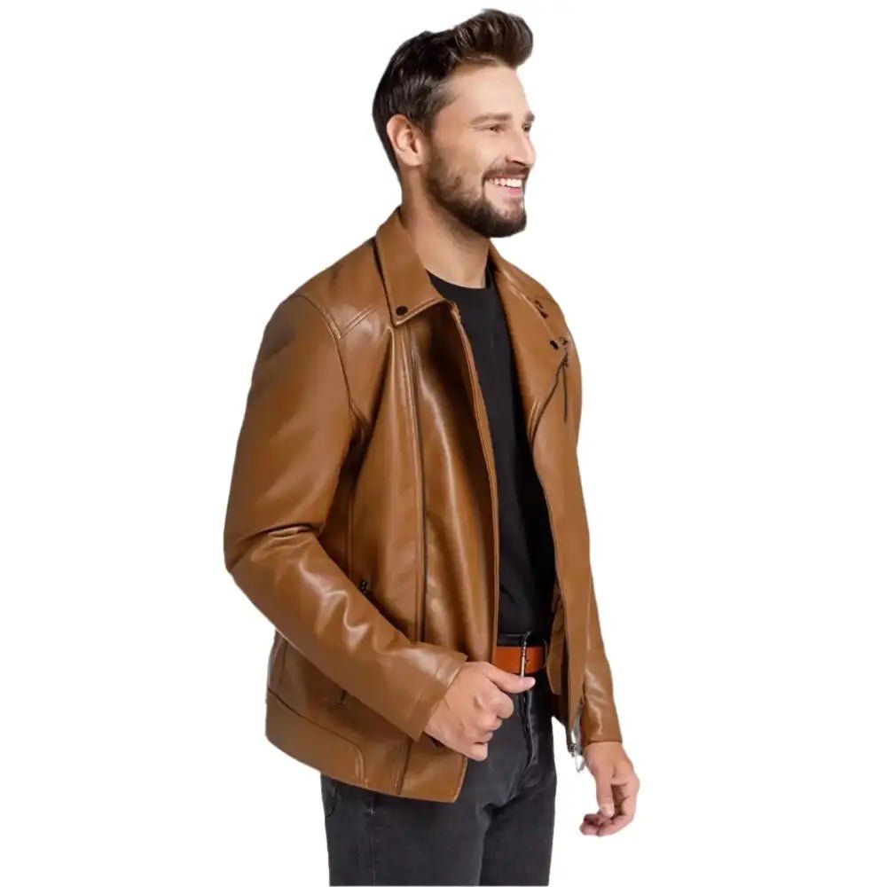 Men’s Brown Leather Motorcycle Jacket - Image 2
