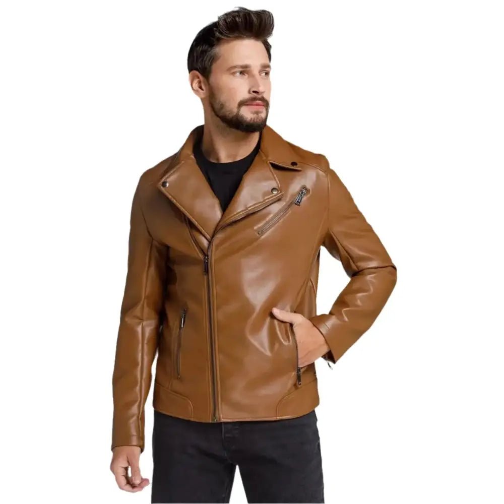 Men’s Brown Leather Motorcycle Jacket - Image 3